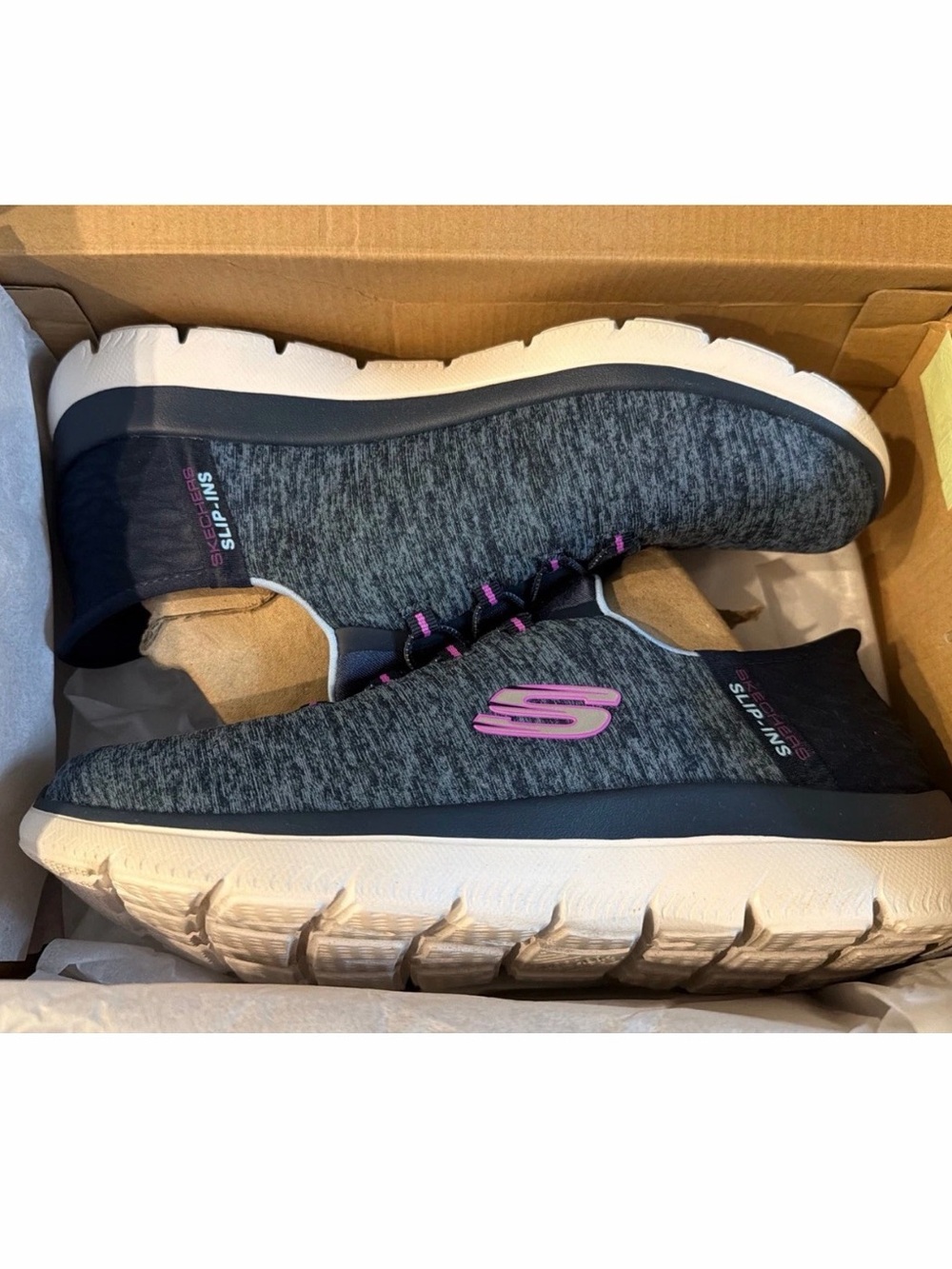 Skechers Women's Gray Slip-On Sneakers with Pink Logo